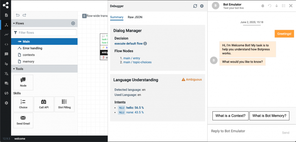 Botpress chatbot development framework dashboard screenshot